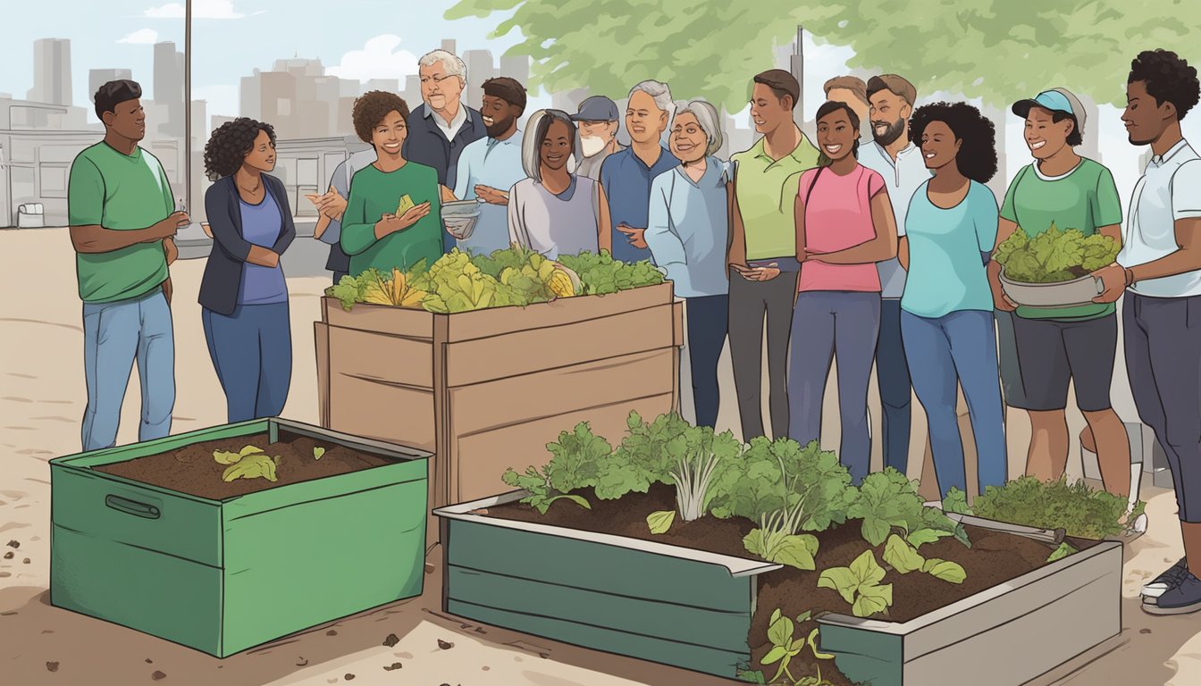 A diverse group of people in Jersey City, NJ, are gathered around a composting demonstration, learning about the process and benefits of composting