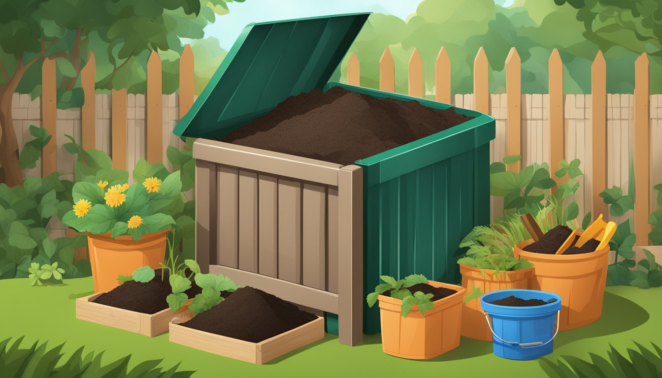 A backyard compost bin with various organic materials layered inside, surrounded by garden tools and a small pile of finished compost