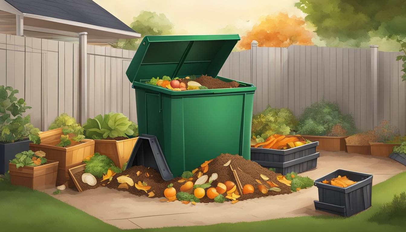 A backyard composting bin surrounded by a variety of organic materials such as fruit peels, vegetable scraps, and yard waste