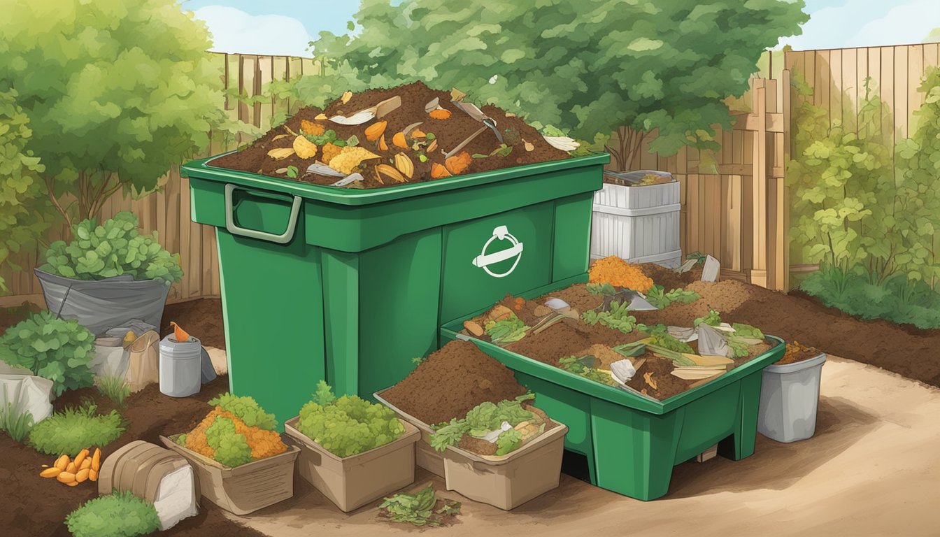 A diverse array of organic waste, including food scraps, yard trimmings, and paper products, is being carefully layered in a compost bin in a backyard garden