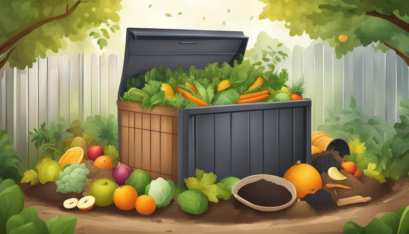 A backyard compost bin surrounded by a variety of organic materials such as fruit and vegetable scraps, leaves, and grass clippings