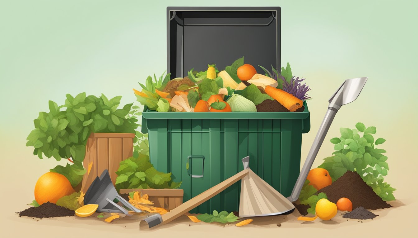 A backyard compost bin surrounded by a variety of organic waste, including fruit peels, vegetable scraps, and yard trimmings. A shovel and gardening gloves are nearby