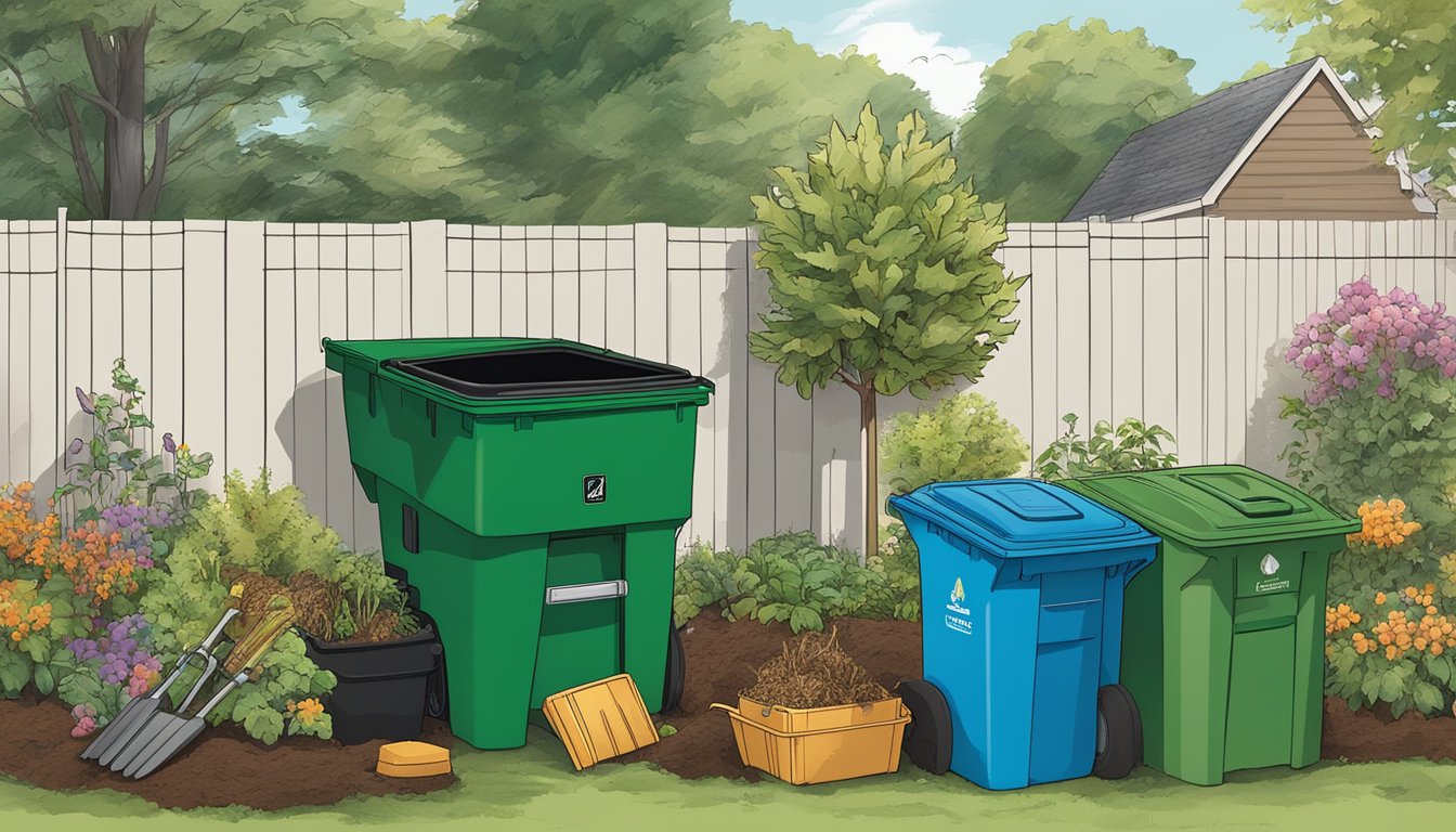 A backyard in Lincoln, NE with a compost bin, garden tools, and a variety of organic waste being added to the bin