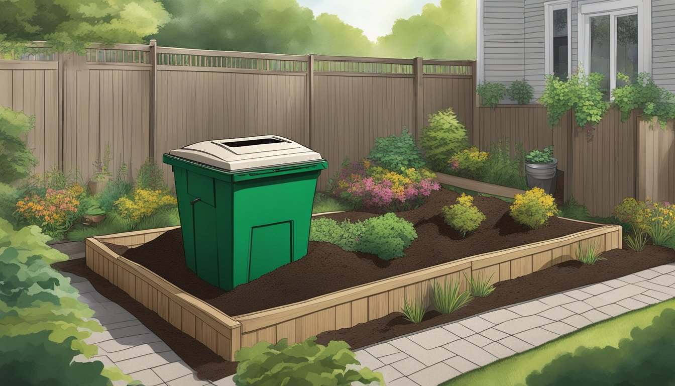 A backyard in Paterson, NJ with a compost bin, a mix of green and brown materials, and a small shovel for turning the compost