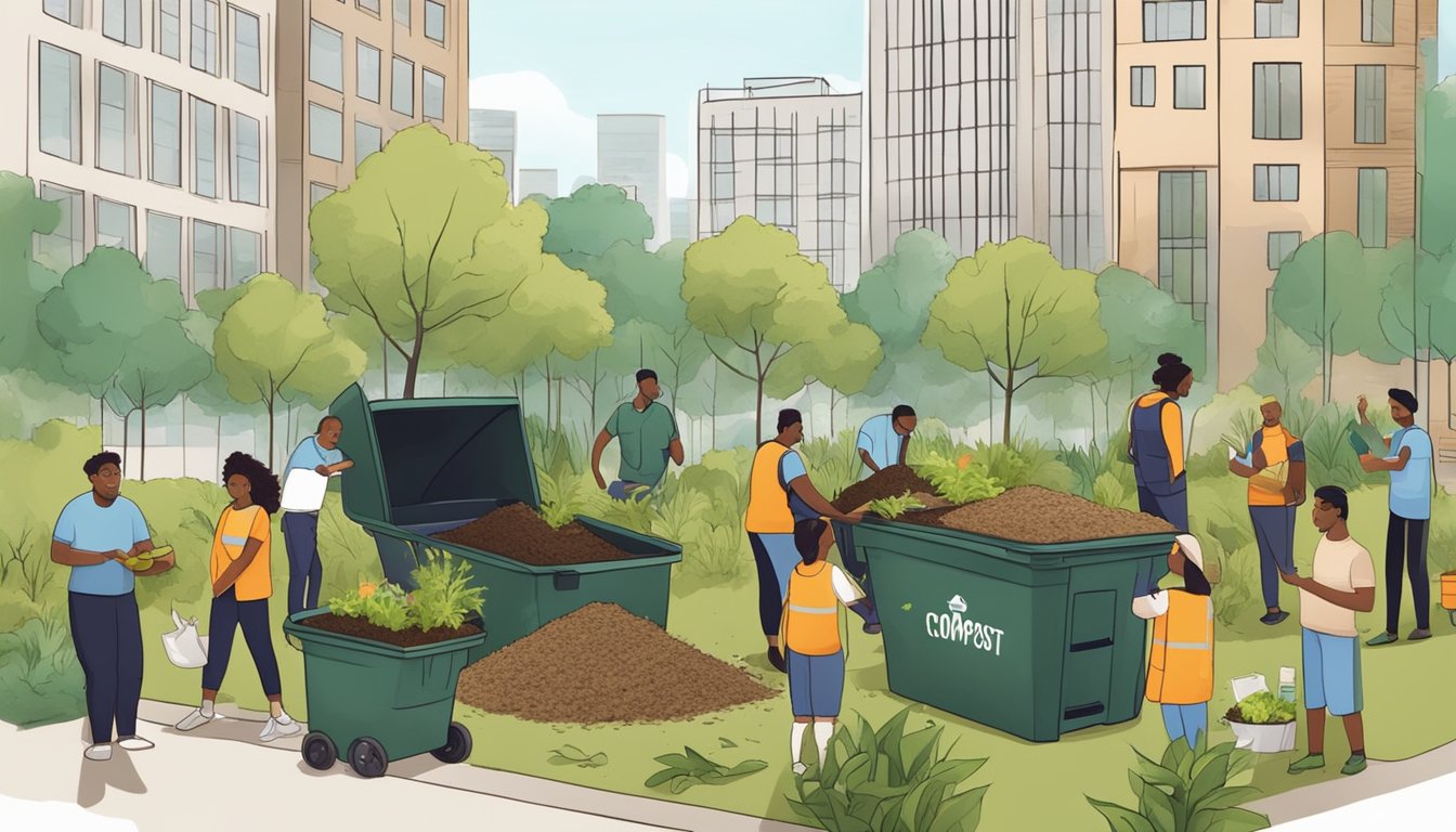 A diverse group of people gather in a city park to compost, surrounded by urban buildings and greenery. They work together to create a sustainable environment