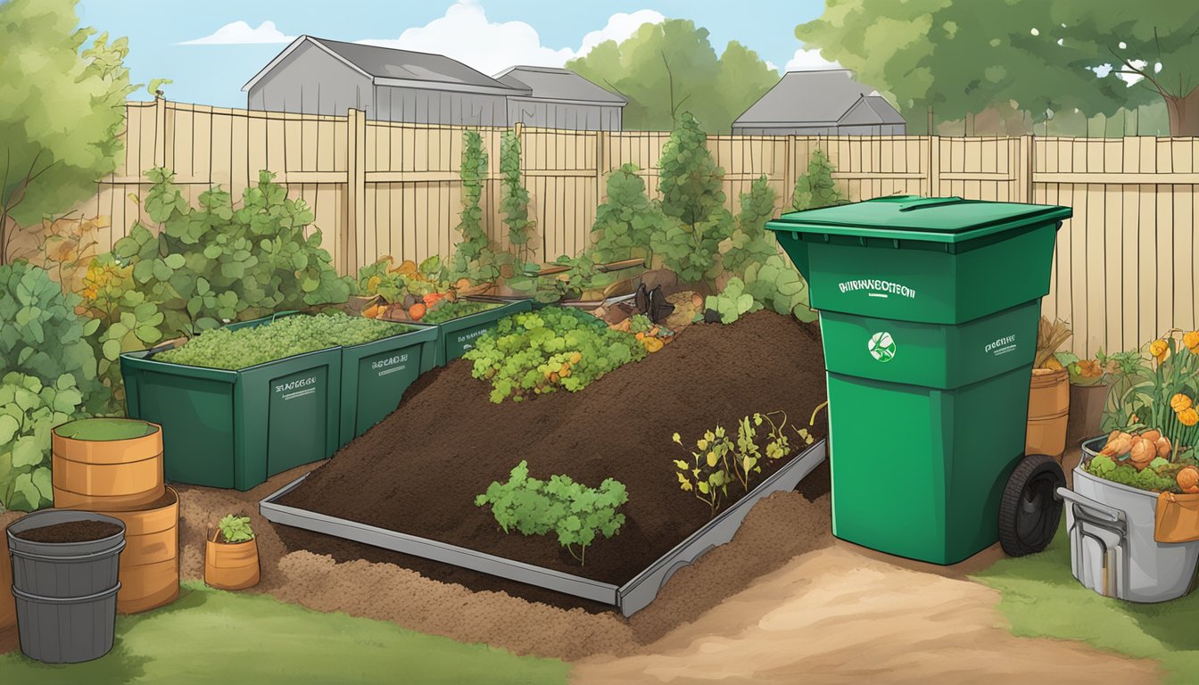 A backyard composting setup with bins, a pitchfork, and a variety of organic materials in Winston Salem, NC