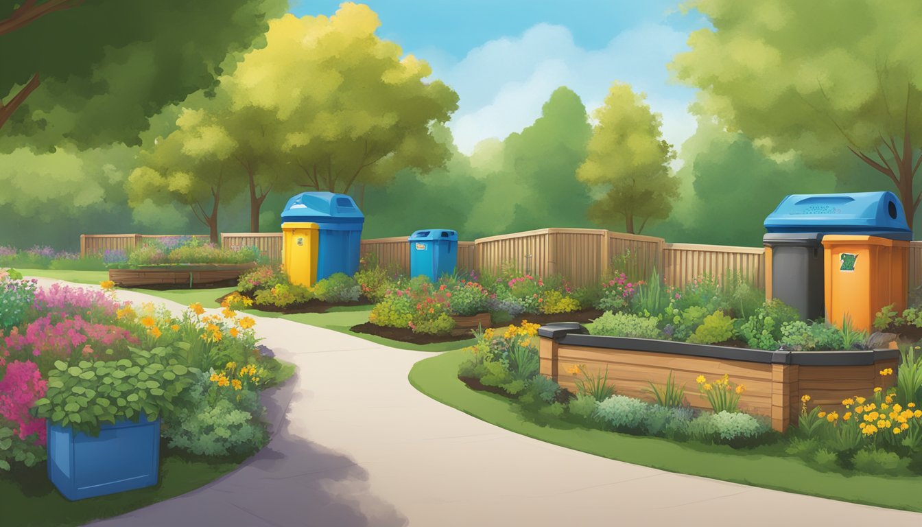 A vibrant garden with compost bins, recycling containers, and a community bulletin board in Lincoln, NE. Surrounding trees and plants show the environmental impact of composting