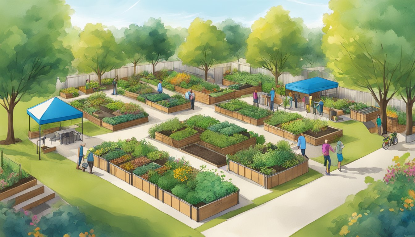 A vibrant community garden with compost bins and recycling stations in Lincoln, NE