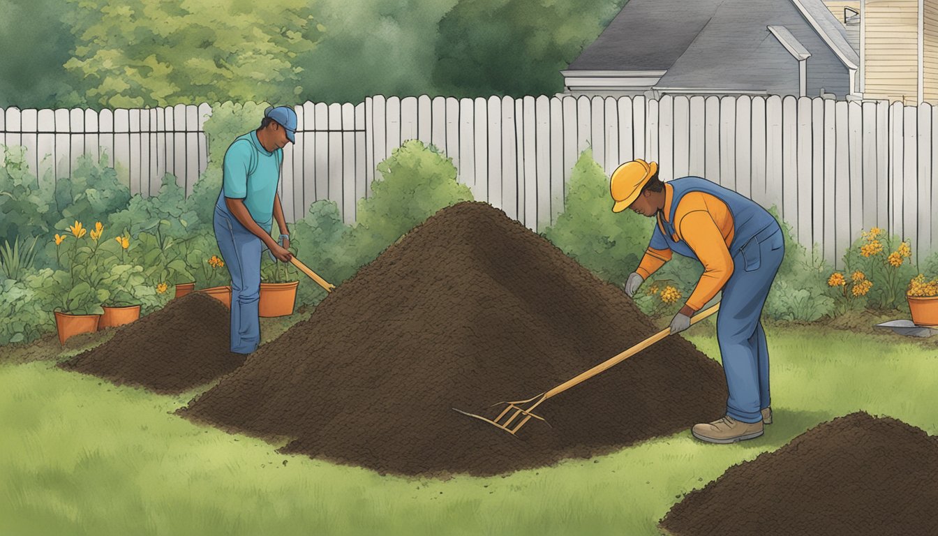 A person carefully tending to a compost pile, turning and mixing the organic materials with a pitchfork in a backyard in Paterson, NJ