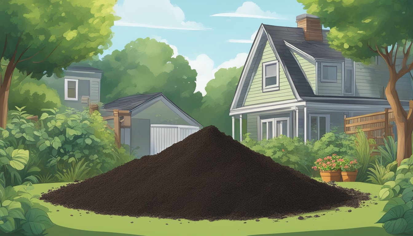 A pile of rich, dark compost sits in a backyard bin in Paterson, NJ, surrounded by green plants and a shovel