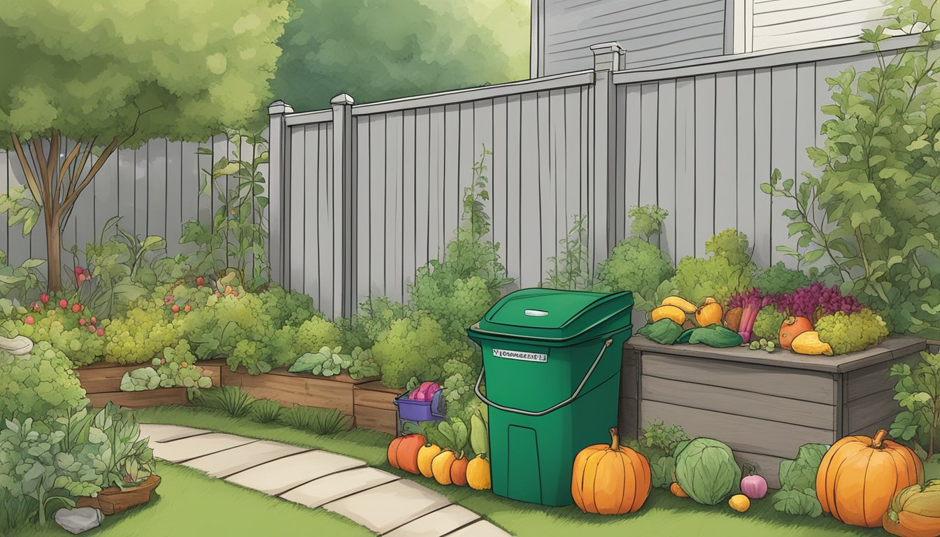 A lush backyard garden in Winston Salem, NC, with a compost bin, fruit and vegetable scraps, and a helpful guidebook on composting