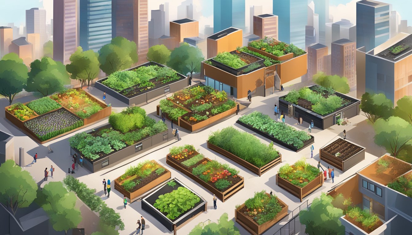 A bustling urban garden with diverse composting stations, surrounded by a vibrant neighborhood and city skyline