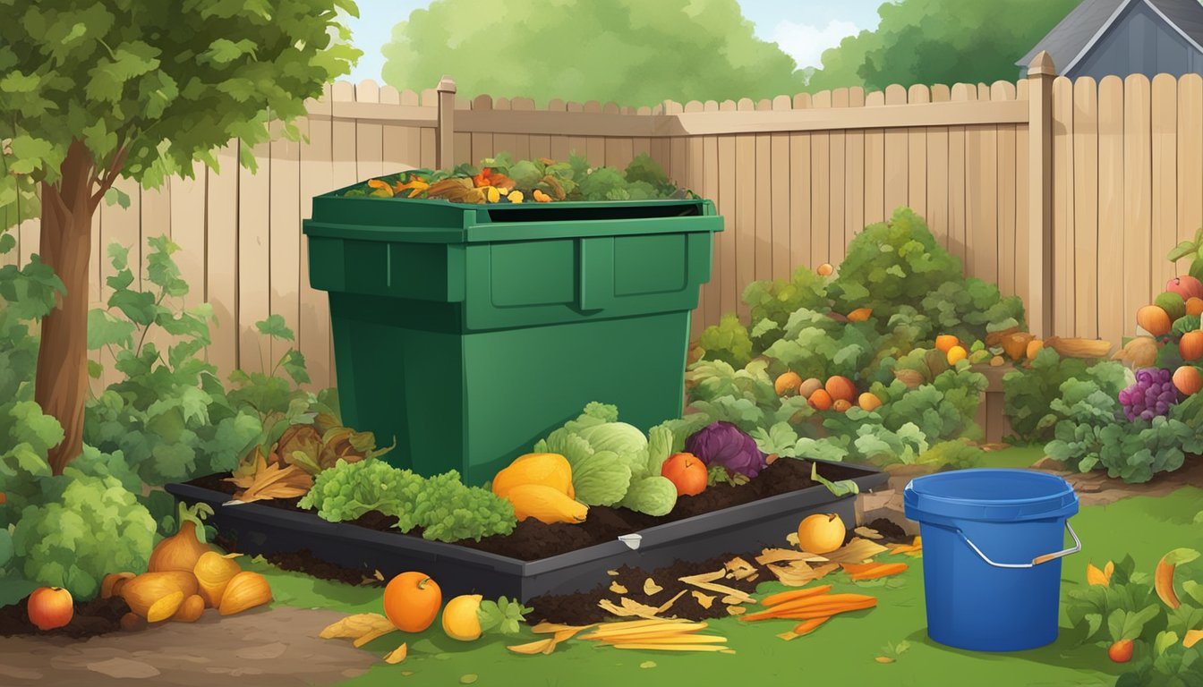 A backyard with a compost bin surrounded by a variety of organic waste, such as fruit peels, vegetable scraps, and yard trimmings