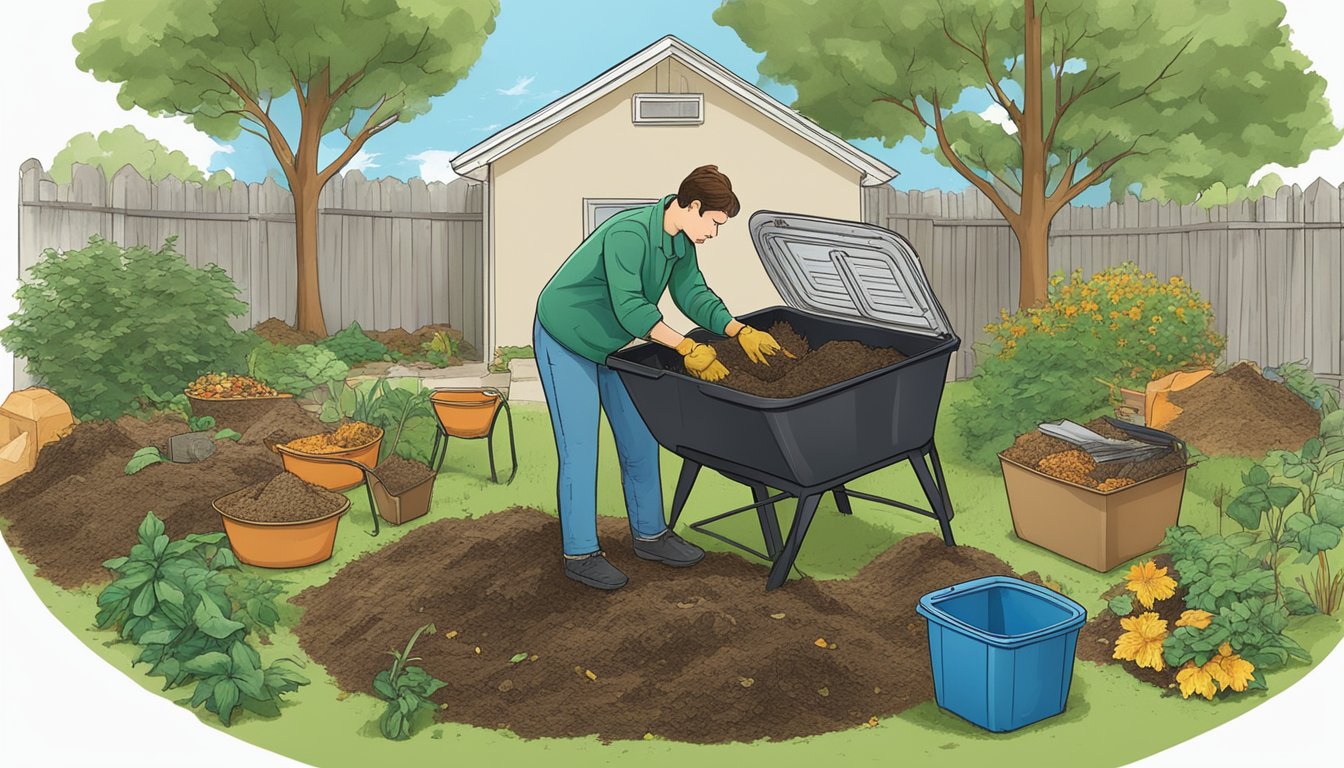 A person composting in a backyard, surrounded by a variety of organic waste and using a guidebook on composting specific to Paterson, NJ