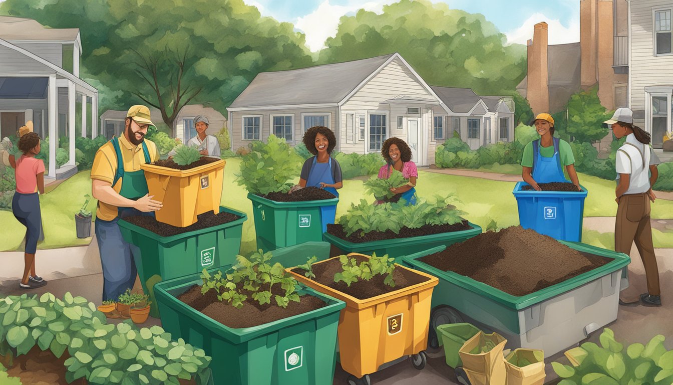 A group of people in Winston Salem, NC, work together to compost, surrounded by gardens and recycling bins