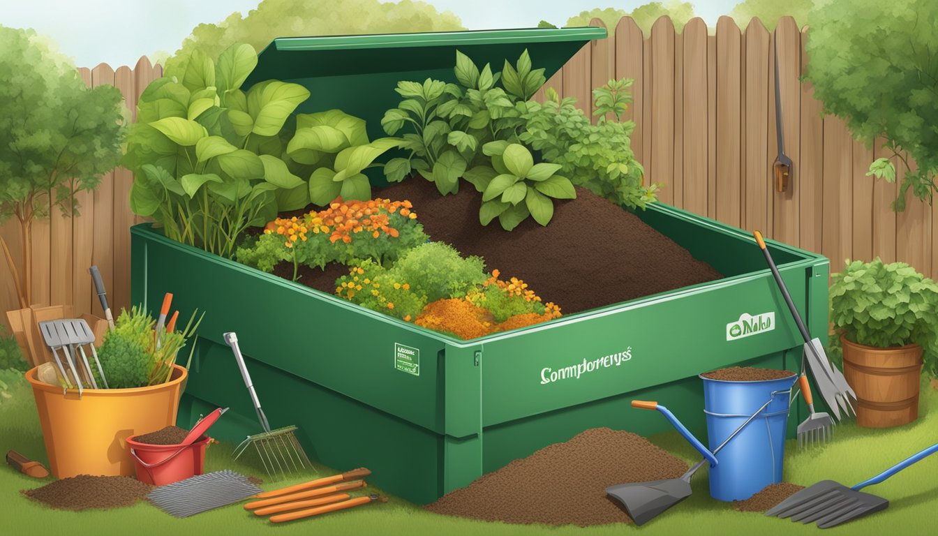 A diverse array of organic materials being combined in a large composting bin, surrounded by a variety of gardening tools and equipment