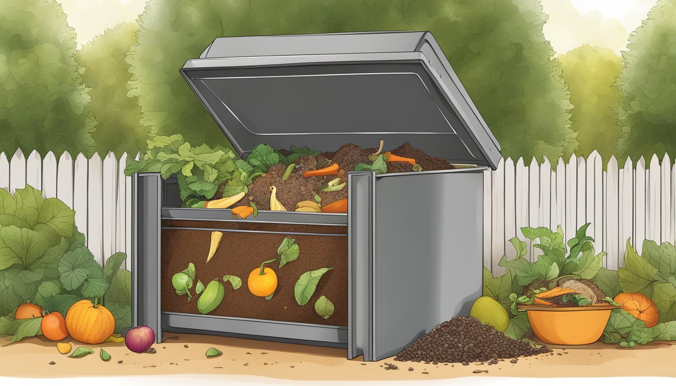 A backyard compost bin surrounded by a variety of organic waste, including fruit peels, vegetable scraps, and coffee grounds. The bin is open and emitting steam, indicating the decomposition process