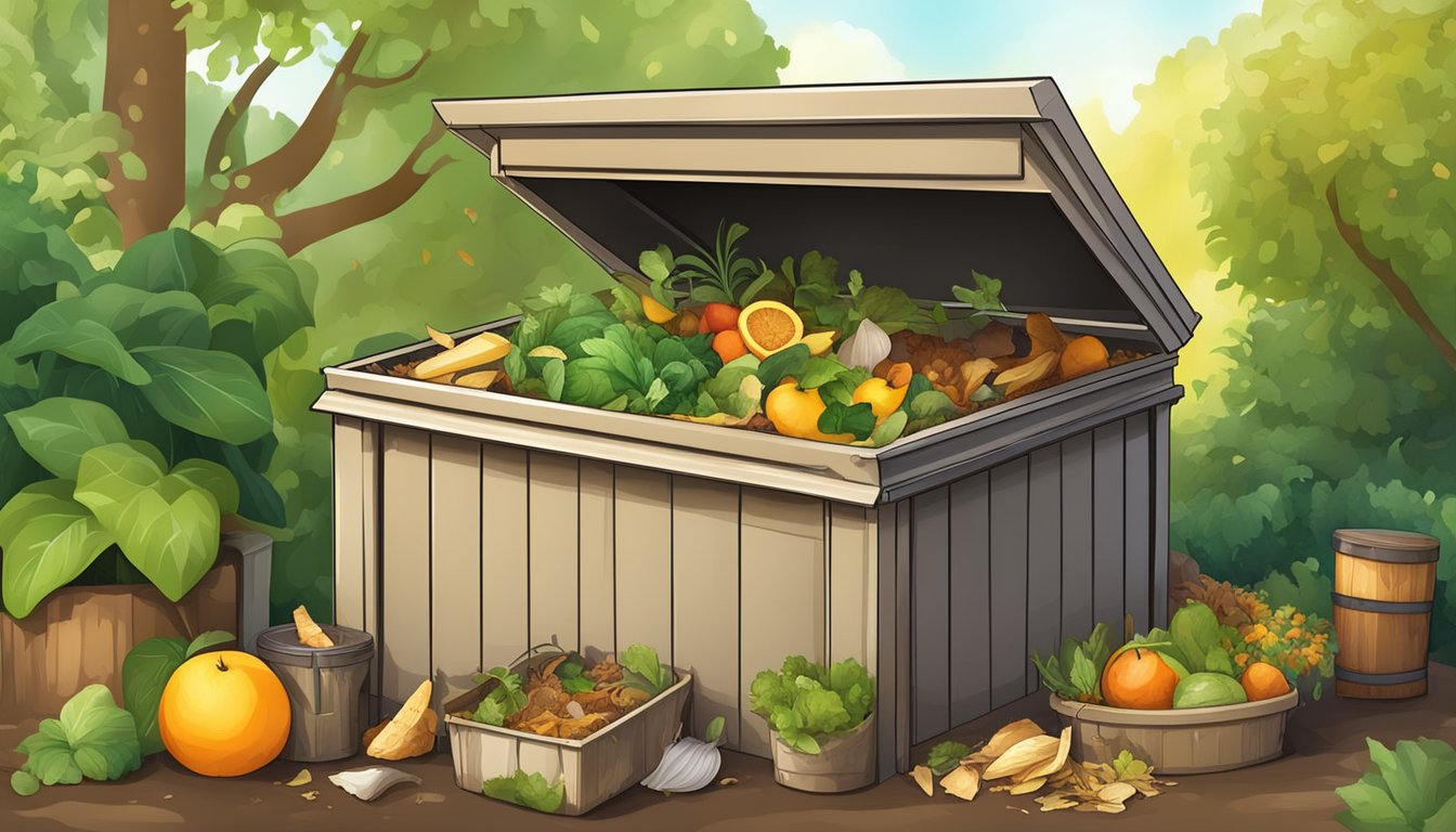 A backyard compost bin surrounded by a variety of organic waste materials, such as fruit peels, vegetable scraps, and yard clippings