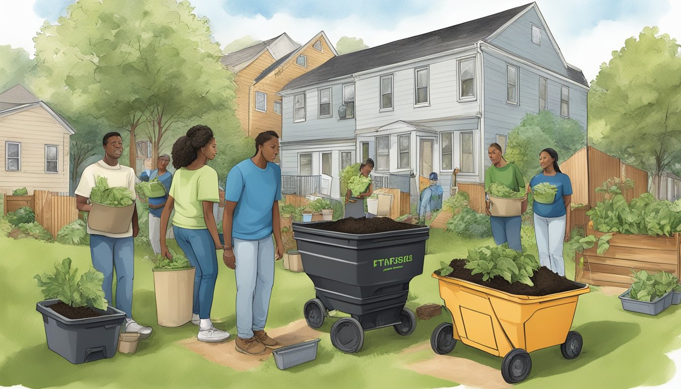 A diverse group of residents in Paterson, NJ, are seen composting in their backyard, using various methods and containers to recycle organic waste