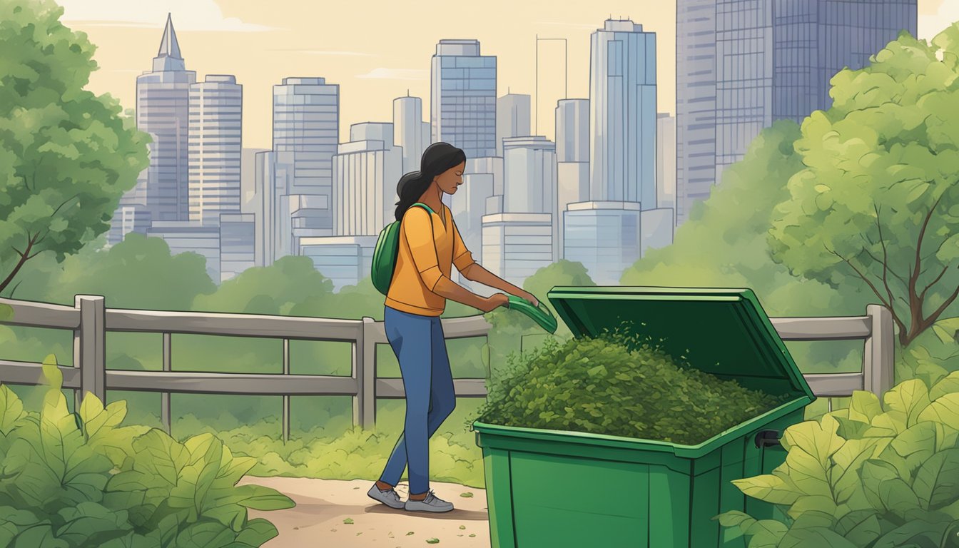 A person turning a compost bin surrounded by greenery and a city skyline in the background