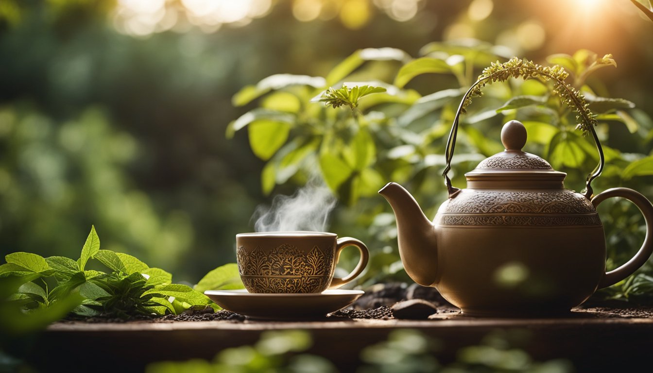 Morning sunbeams filter through steam in a serene garden. A clay teapot adorned with Sanskrit symbols pours Tulsi tea into a cup, surrounded by blooming Tulsi plants, butterflies, and a wind chime