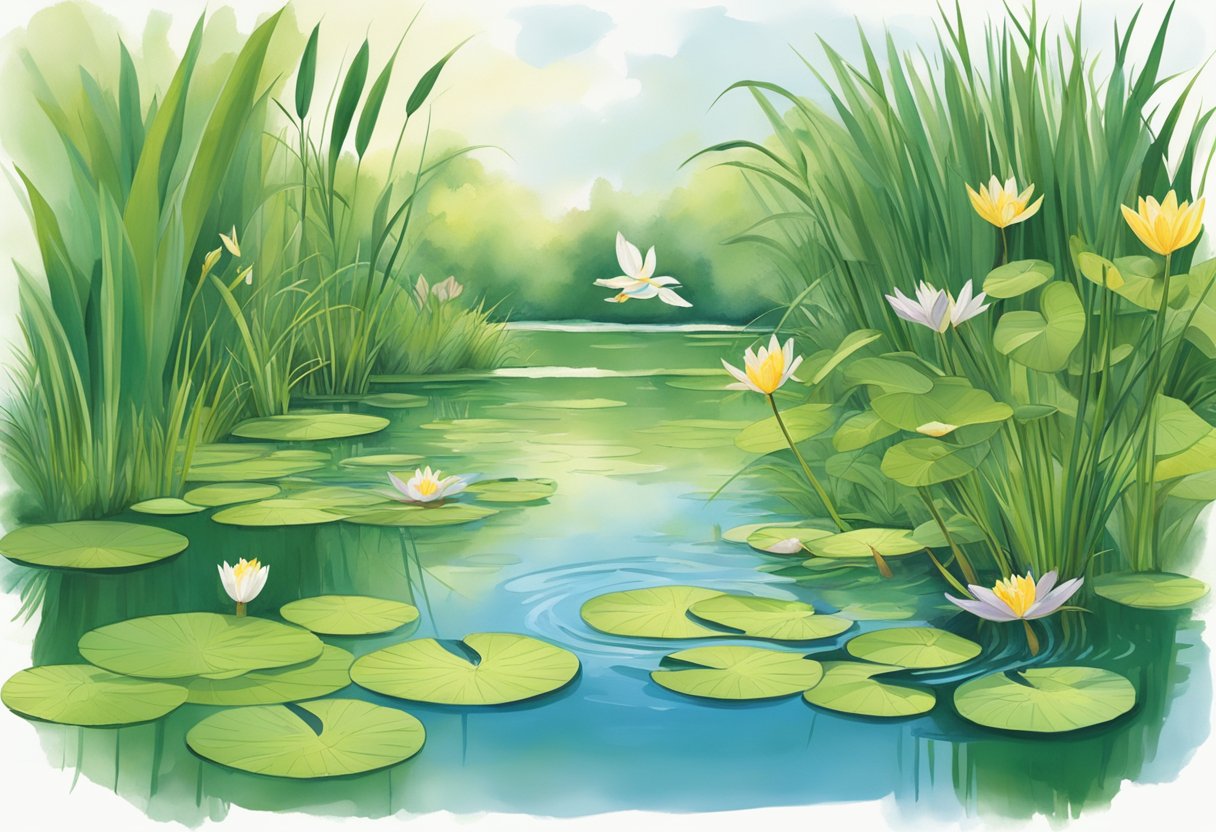 Lush green pond with water lilies, iris, and reeds. Ducks swim among the plants, while dragonflies hover above