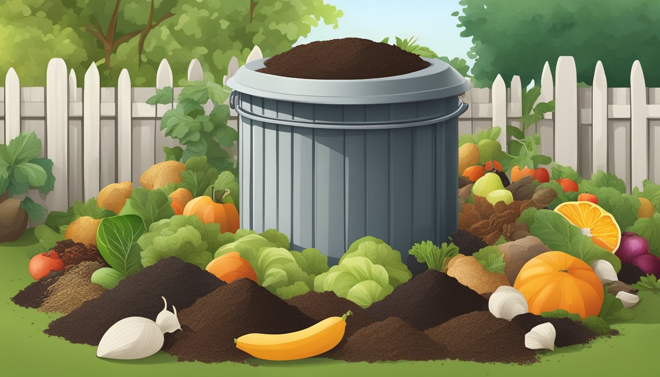 A backyard compost bin surrounded by a variety of organic waste materials, including fruit and vegetable scraps, yard trimmings, and coffee grounds