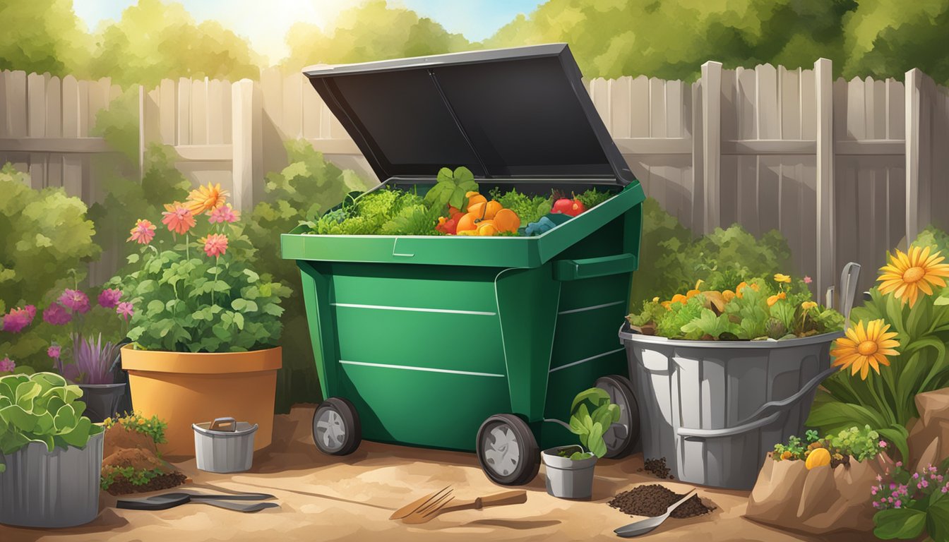 A backyard compost bin surrounded by various organic materials and gardening tools in the sunny Las Cruces, NM