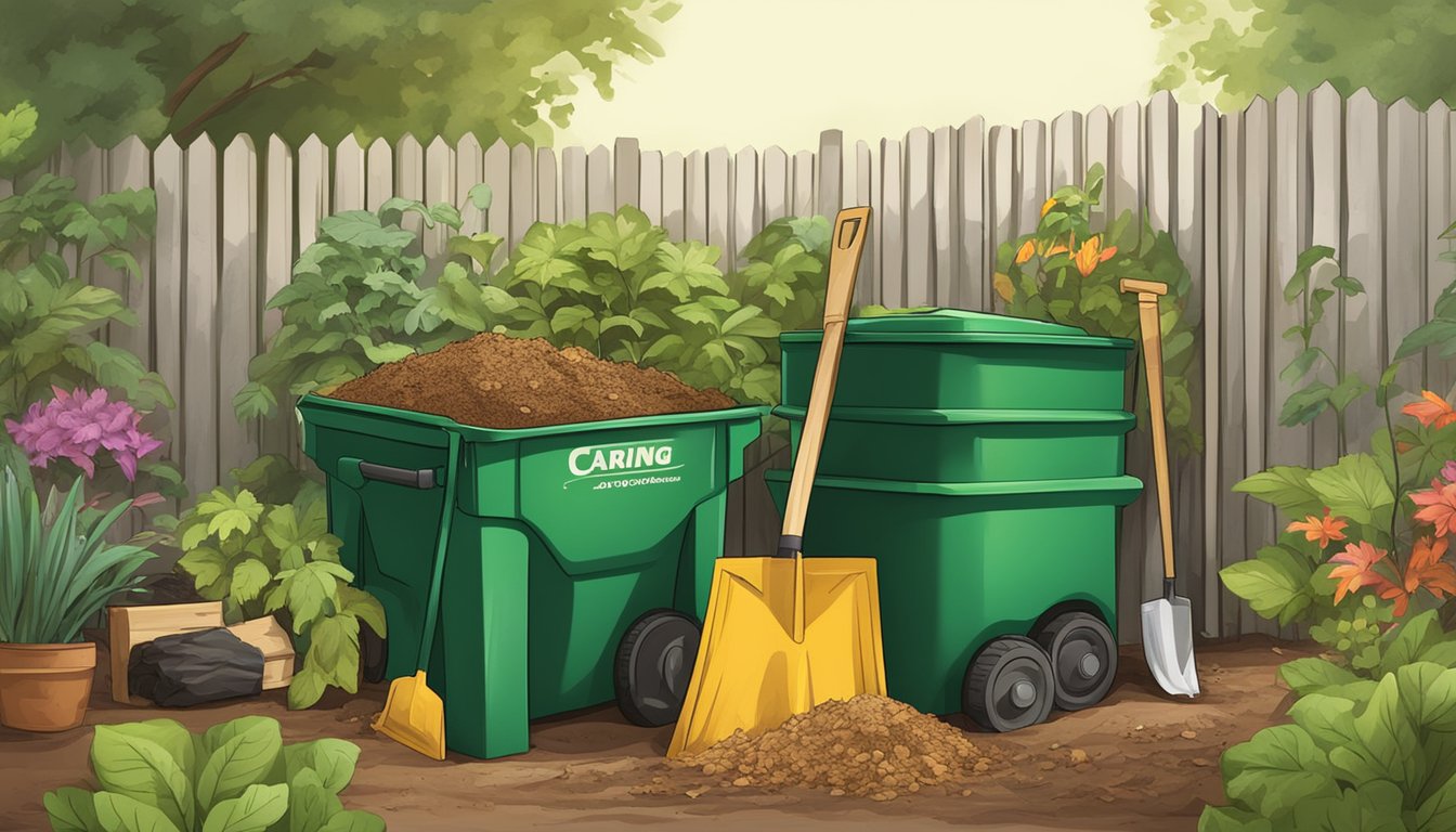 A pile of organic waste, leaves, and soil in a backyard compost bin, surrounded by gardening tools and a small sign reading "Caring for Your Compost."