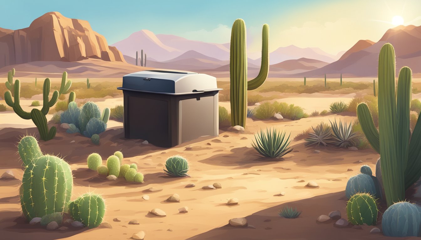 A desert landscape with a compost bin surrounded by dry, sandy soil and cacti. The sun beats down on the arid terrain as organic waste decomposes