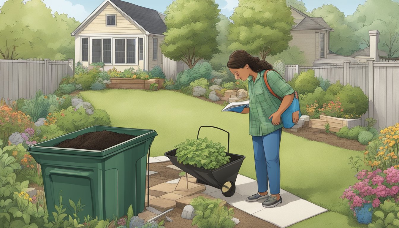 A suburban backyard with a compost bin, garden, and a person reading a composting guide