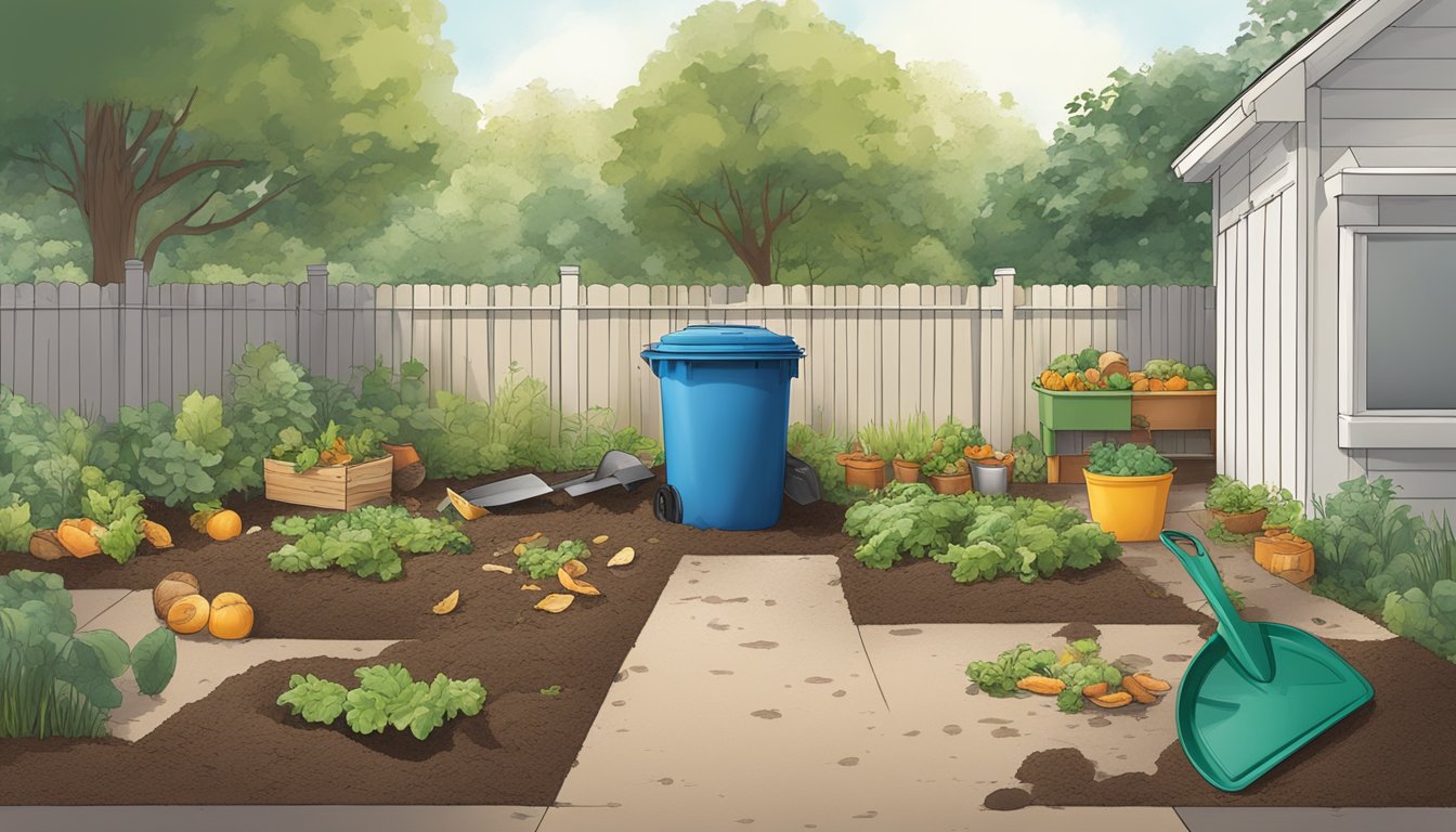 A backyard in Omaha, Nebraska with a compost bin surrounded by a mix of food scraps, yard waste, and soil, with a small shovel nearby