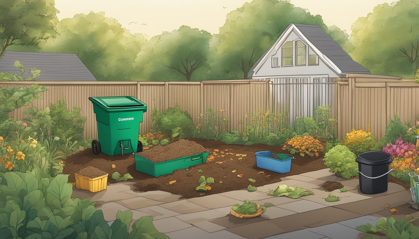 A suburban backyard with a compost bin next to a garden, featuring a mix of food scraps and yard waste. A copy of the Local Resources and Regulations guide to composting in Edison, NJ is lying nearby