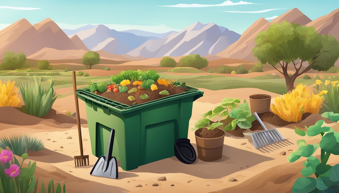 A backyard compost bin surrounded by a variety of organic waste, with a shovel and gardening tools nearby. A desert landscape with mountains in the background