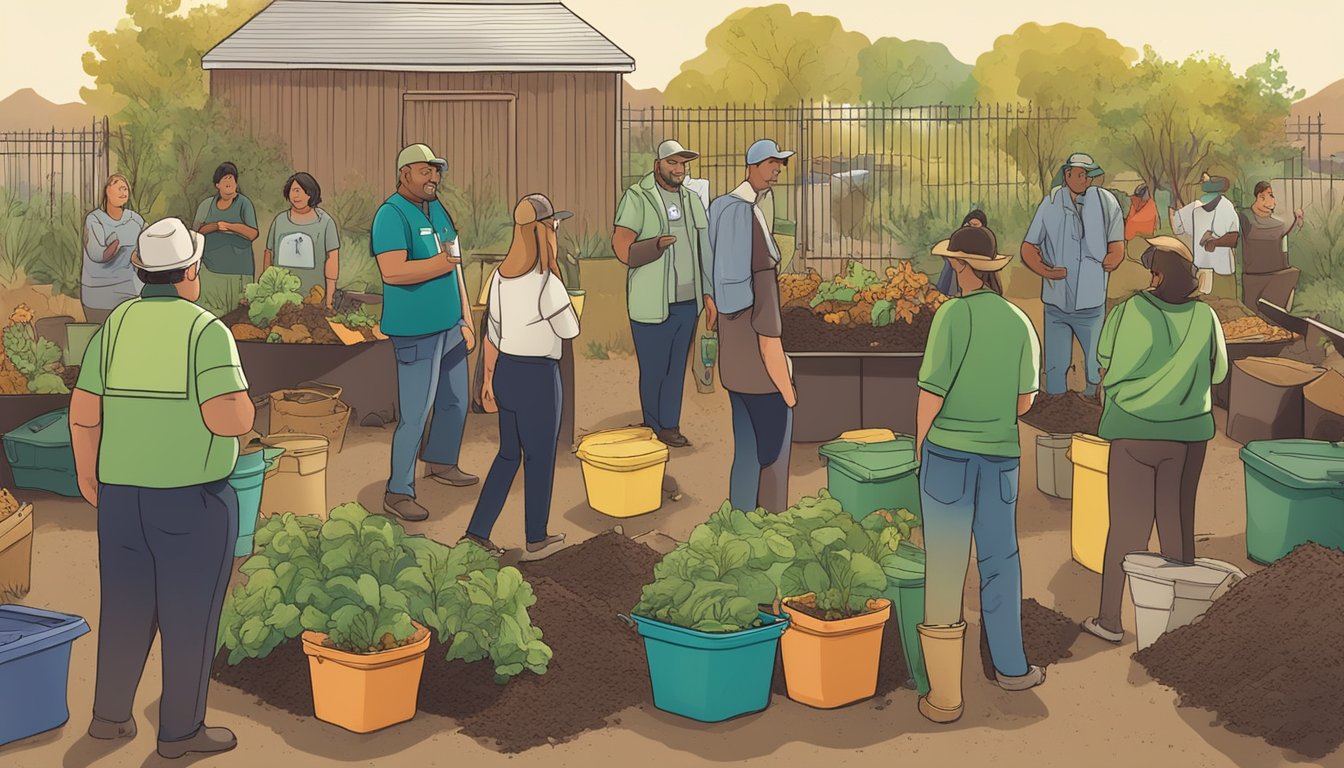 A group of local agents and organizations gather in a community garden, surrounded by compost bins and piles of organic waste. They are discussing and demonstrating the process of composting in Las Cruces, NM