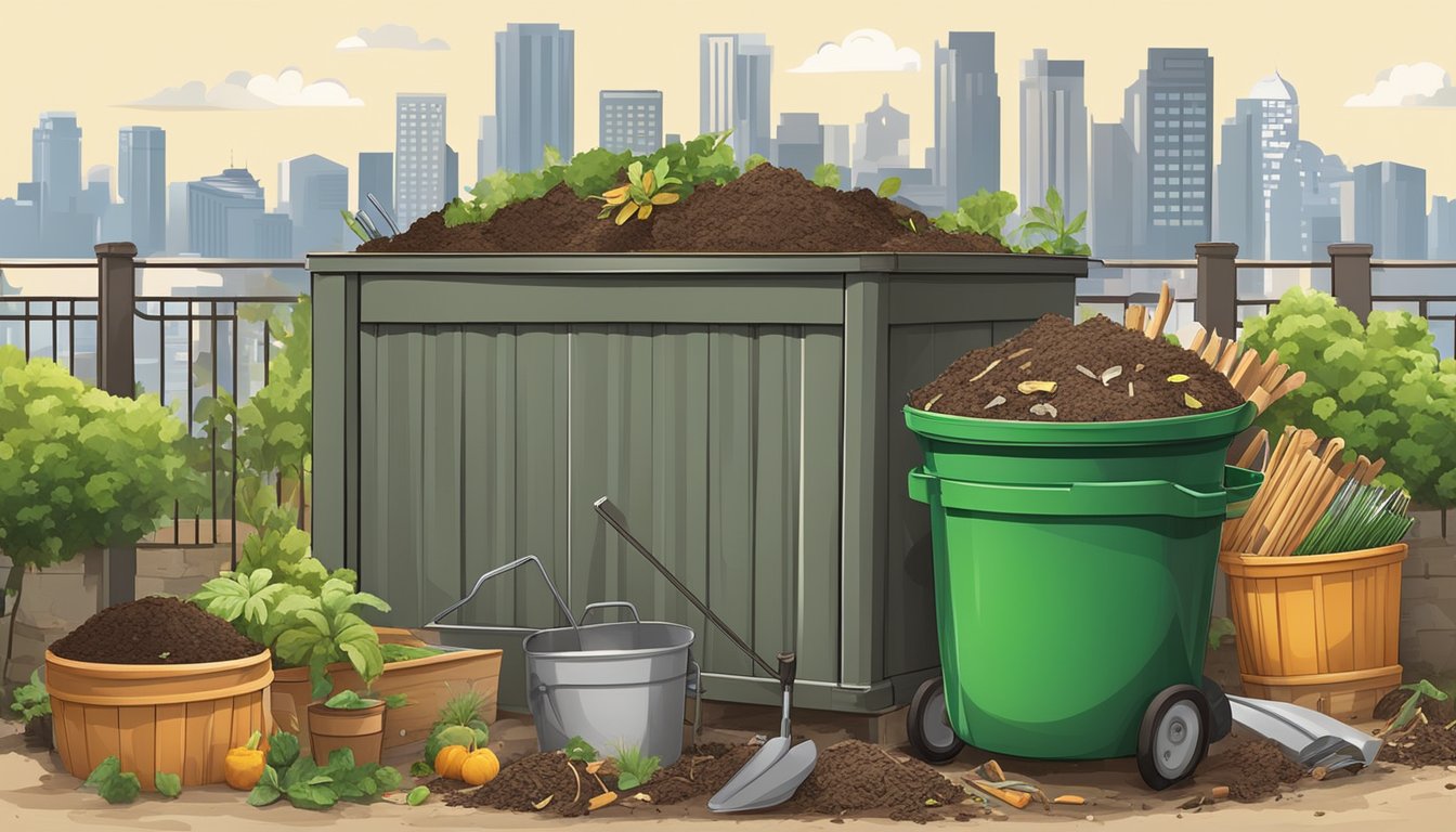 A backyard compost bin surrounded by garden tools and various organic waste materials. A city skyline in the background