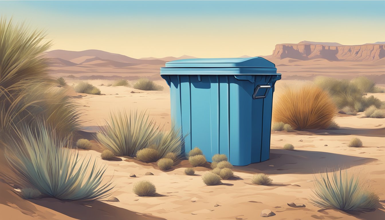 A desert landscape with a compost bin surrounded by dry, brown vegetation and a clear blue sky overhead