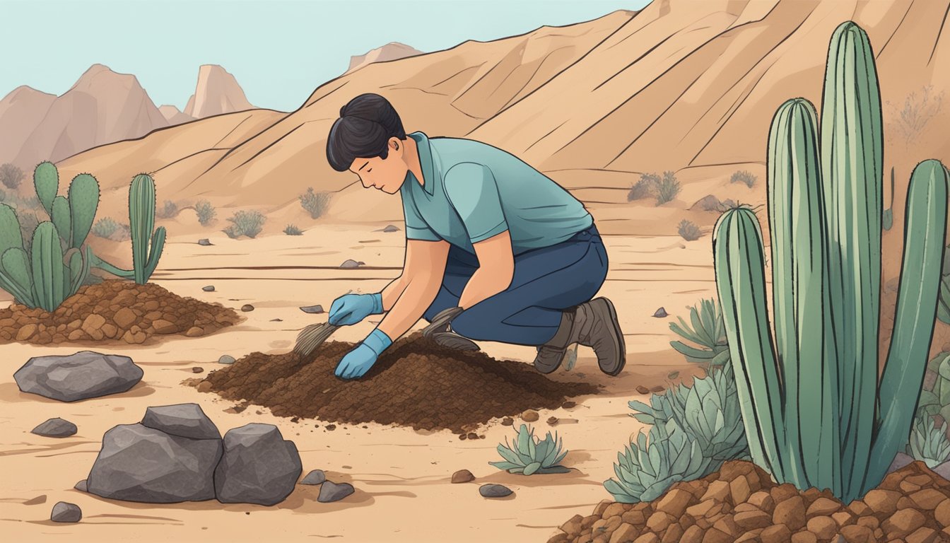 A person adding organic waste to a compost pile in a desert backyard. Dry, sandy ground with cacti and rocks in the background