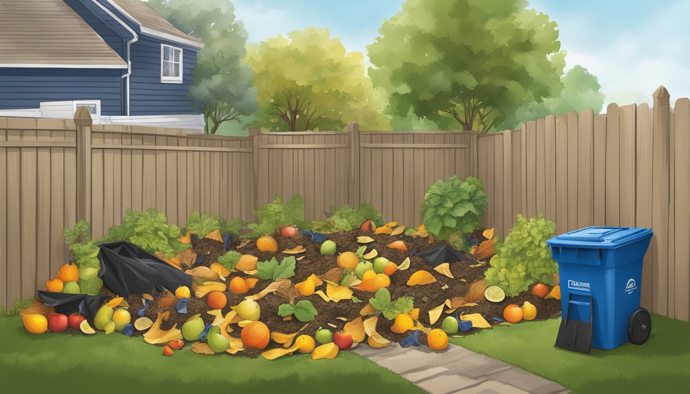 A backyard in Elizabeth, NJ with a compost bin, a shovel, and various organic materials like fruit peels, leaves, and grass clippings scattered around