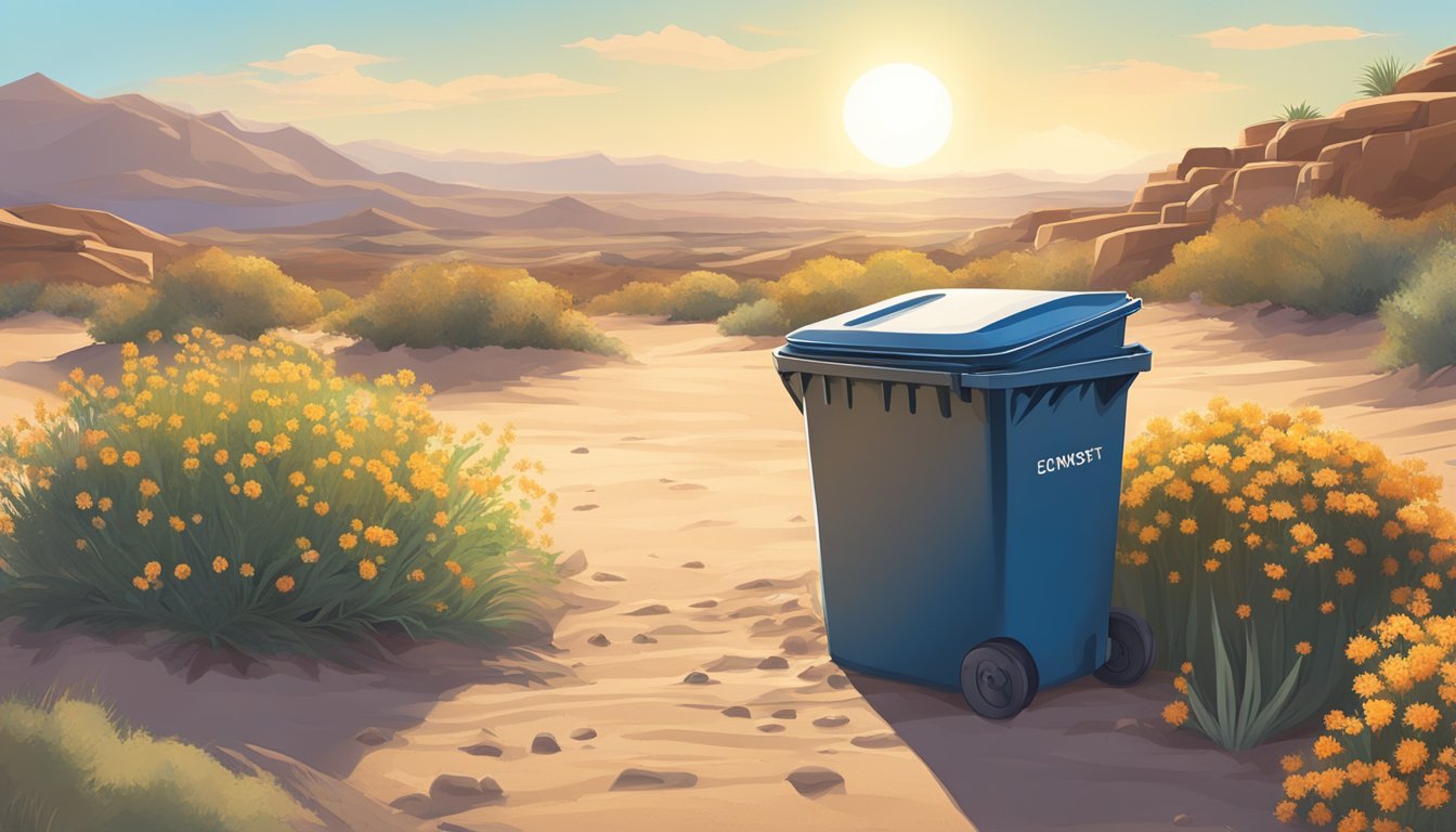 A desert landscape with a compost bin surrounded by dry, sandy soil and native plants. The sun is shining brightly in the clear blue sky