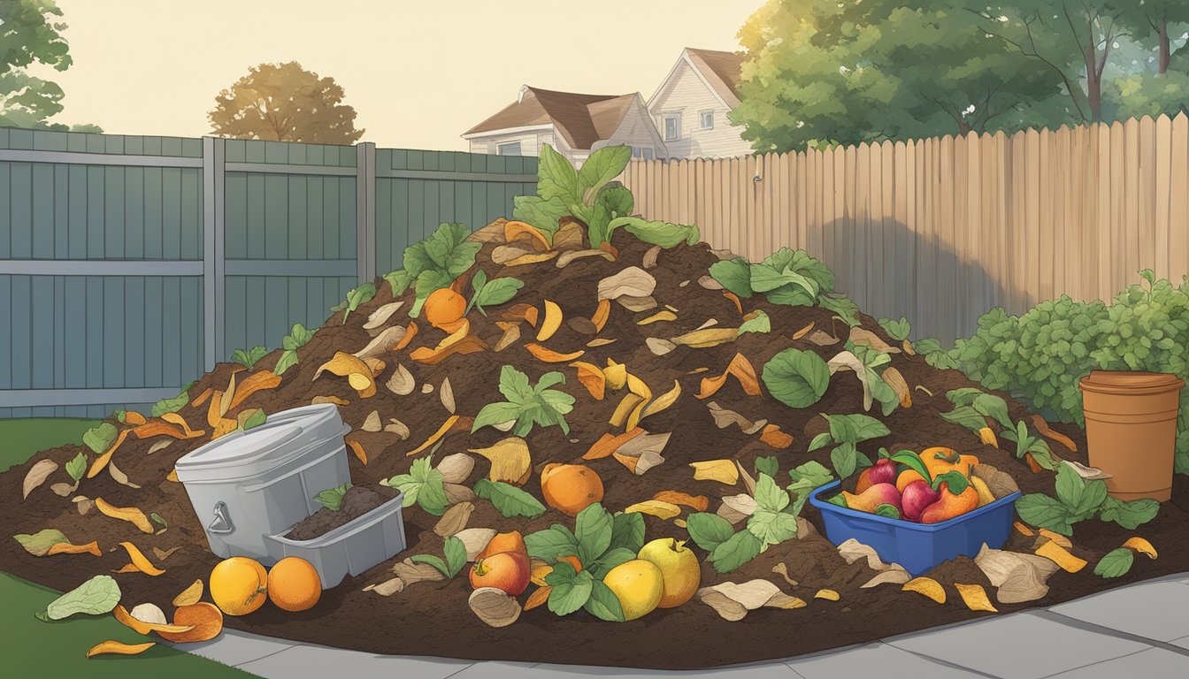 A pile of organic waste, including fruit peels, vegetable scraps, and coffee grounds, surrounded by a compost bin in a backyard garden in Elizabeth, NJ