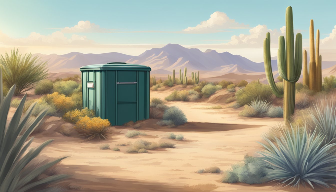 A desert landscape with a compost bin surrounded by dry, sandy soil and native plants under the hot Las Vegas sun