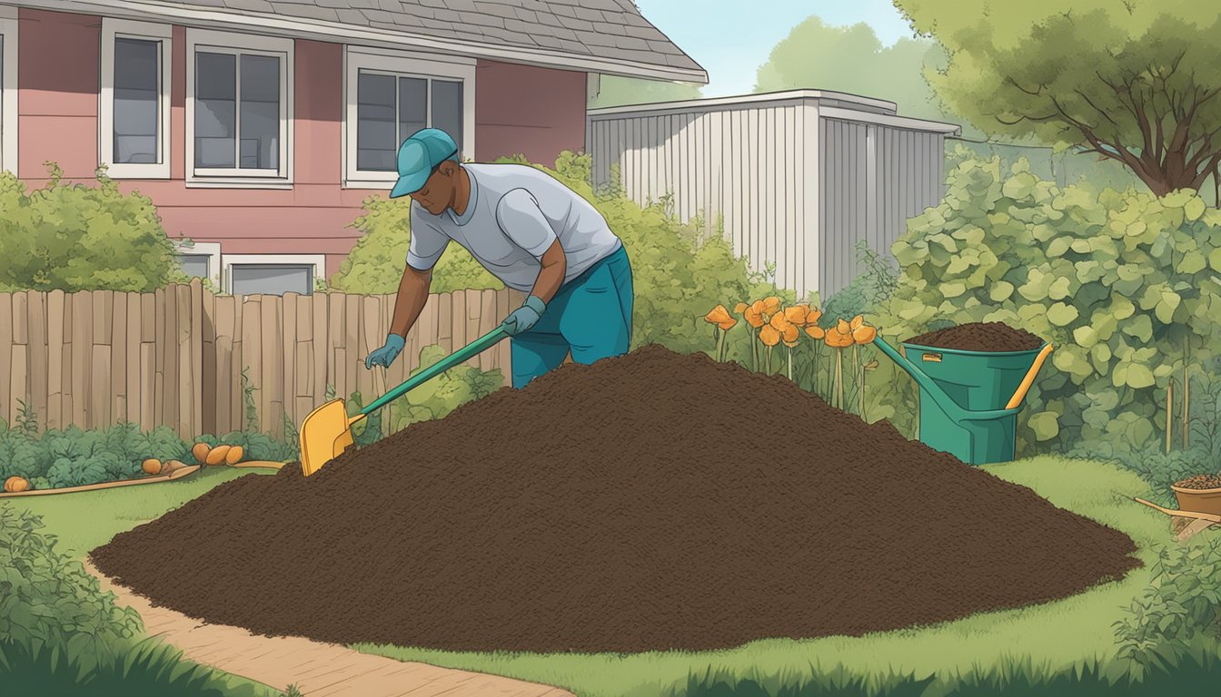 A person turning a compost pile in a backyard with a shovel, surrounded by a variety of organic materials and a composting guide book