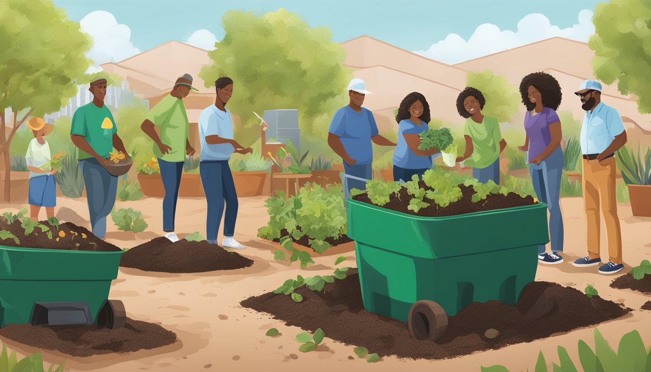 A group of people in Las Vegas, NV, are actively composting in their community garden, turning food scraps and yard waste into nutrient-rich soil