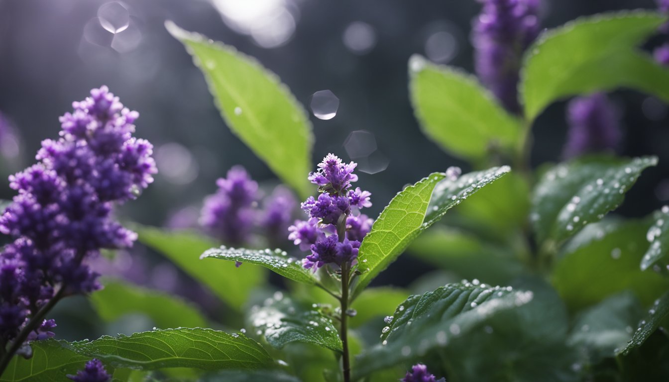 The lush Tulsi plant blooms with deep purple stems and vibrant green leaves, adorned with small lavender flowers and glistening dew drops, while a delicate spider web connects some branches