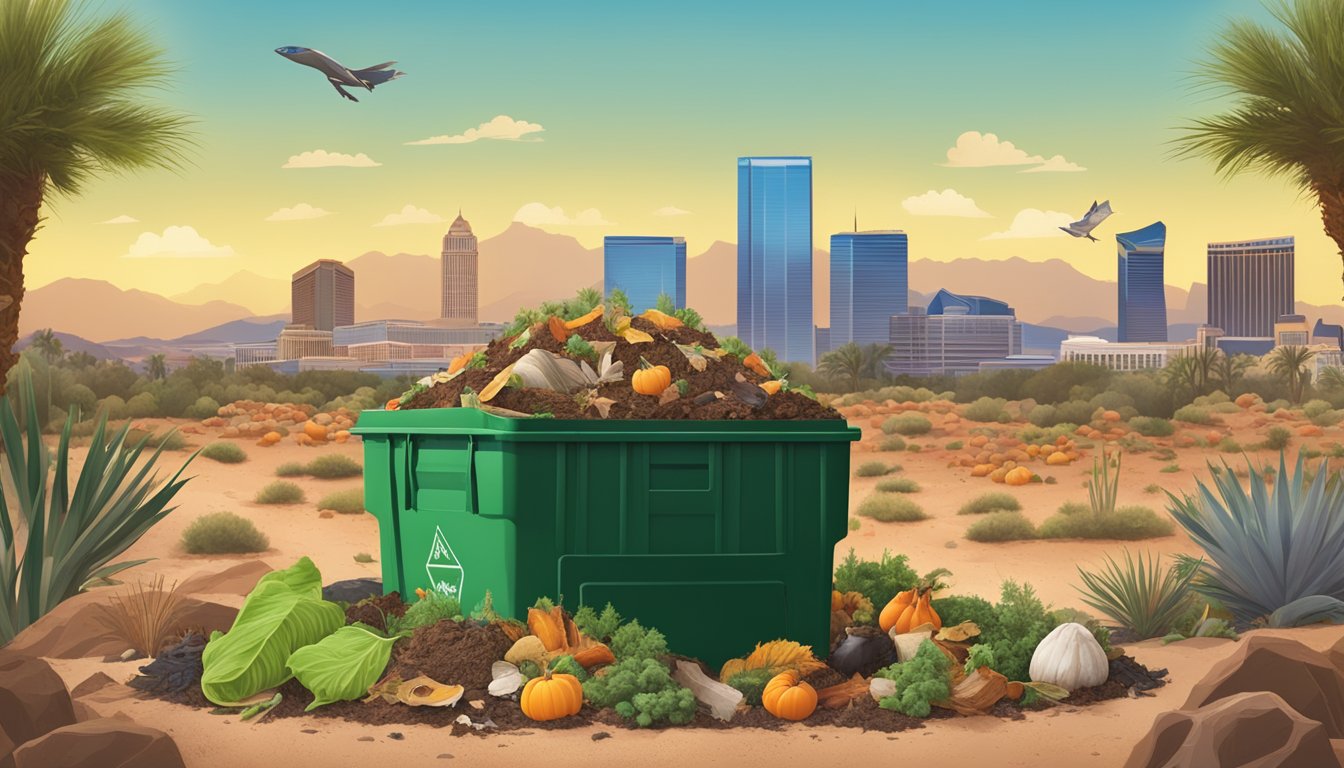 A compost bin surrounded by various food scraps and yard waste, with a backdrop of the Las Vegas skyline and desert landscape