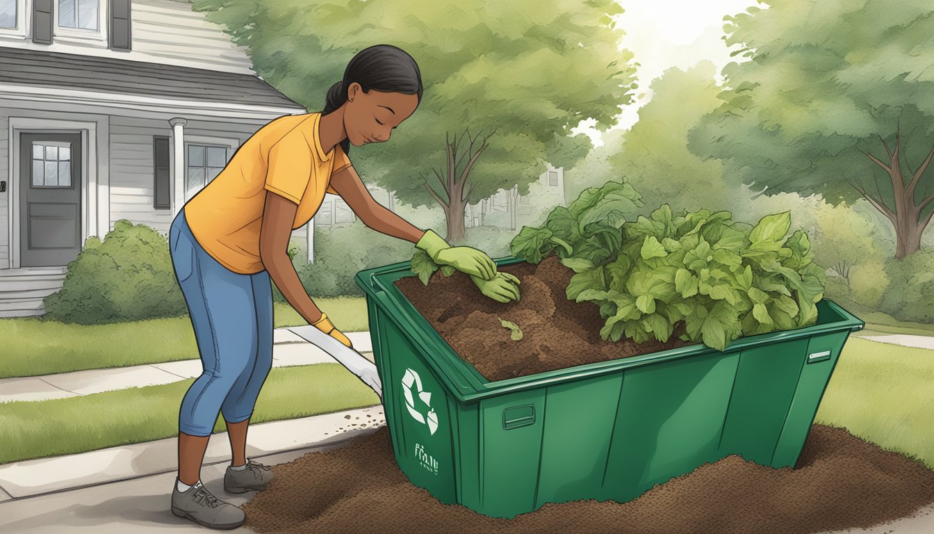 A person placing food scraps and yard waste into a compost bin in Elizabeth, NJ