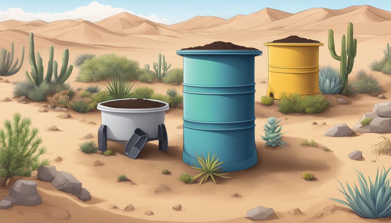 A desert landscape with a variety of compost bin options, including tumbler, worm, and traditional bins, surrounded by dry, sandy soil and desert plants