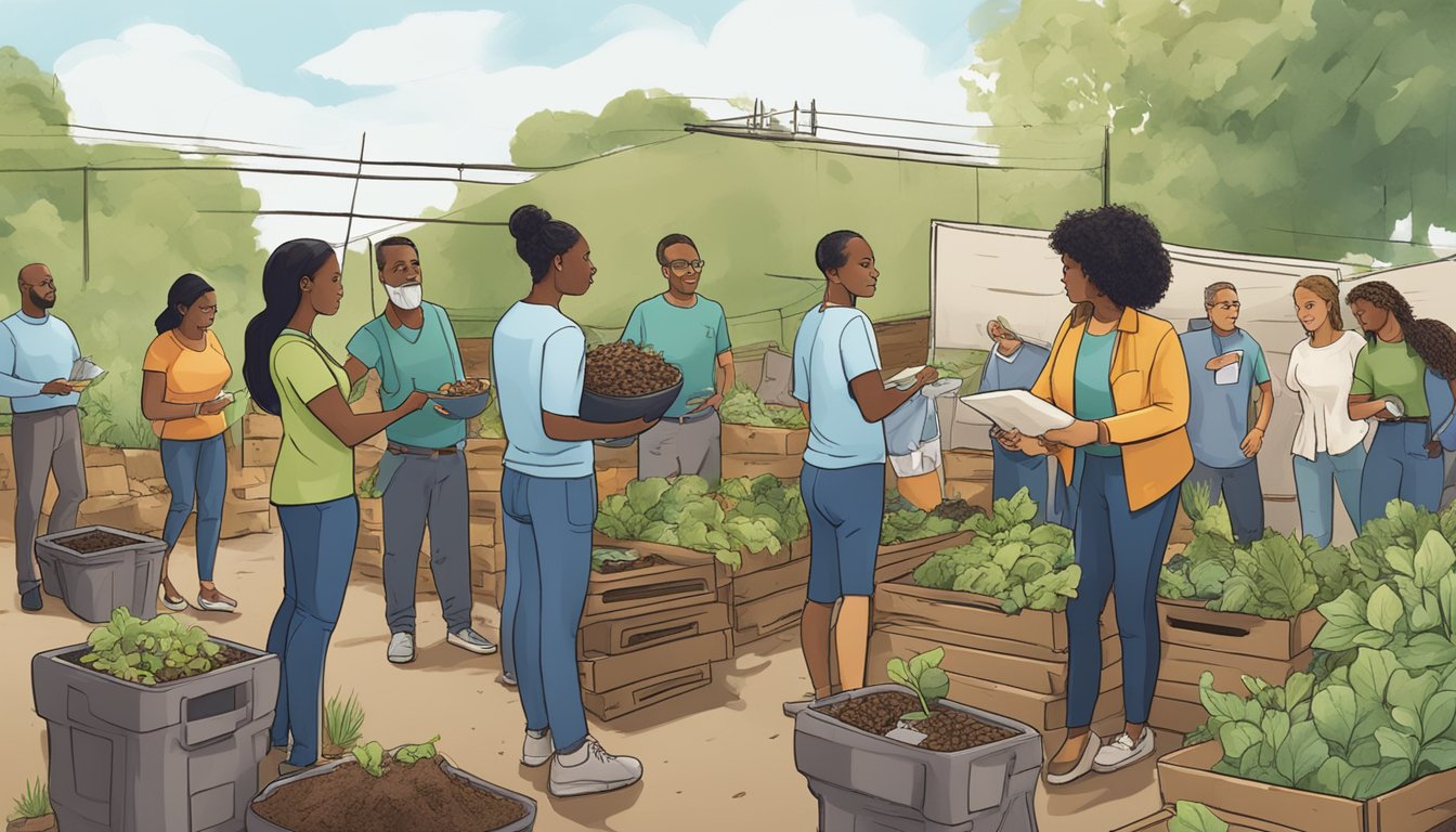 A diverse group of people in Elizabeth, NJ gather around a composting site, exchanging knowledge and resources while working together to create a sustainable environment