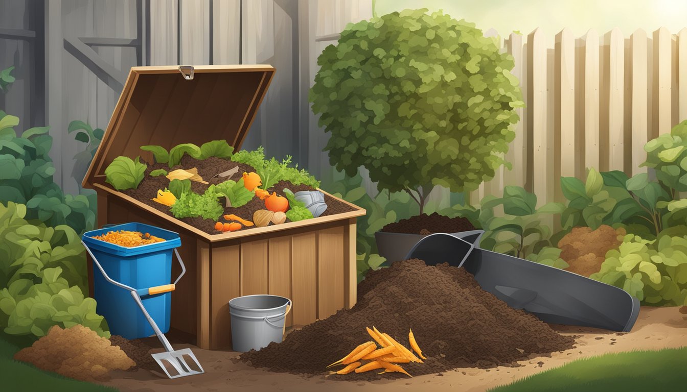 A backyard compost bin surrounded by various organic waste materials and a shovel